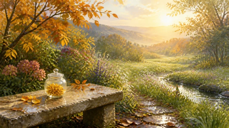 溪边石凳上放着盛有黄色花瓣的玻璃罐，秋日山谷铺满阳光