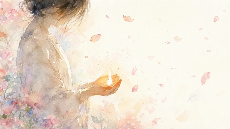 淡彩花瓣间的女子双手托着一簇温暖火光
