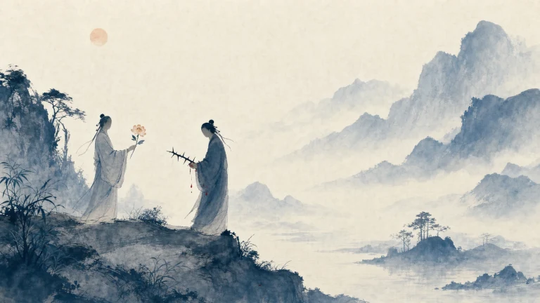水墨山水间两名长袍人相对而立，一人递出花朵
