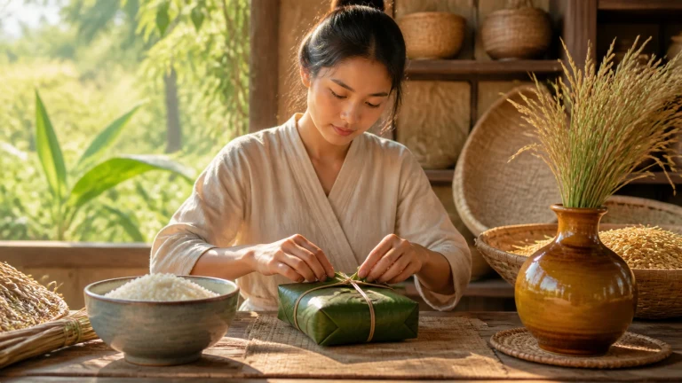 女子在乡间木桌上用叶片和细绳包扎米食