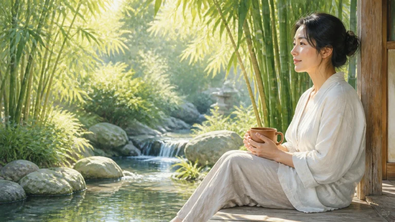 白衣女子手捧茶杯坐在竹林溪水旁