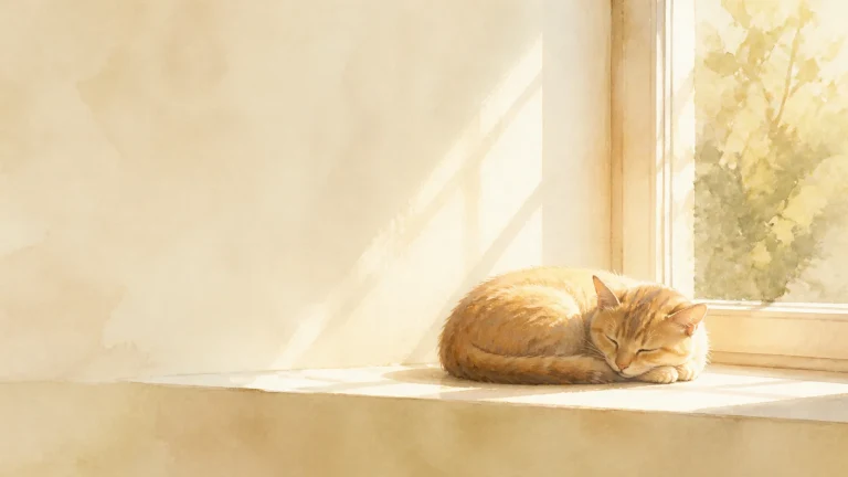 一只橘猫蜷缩在明亮窗台上晒太阳睡觉