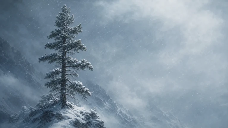 一棵覆雪松树独立在风雪山脊上