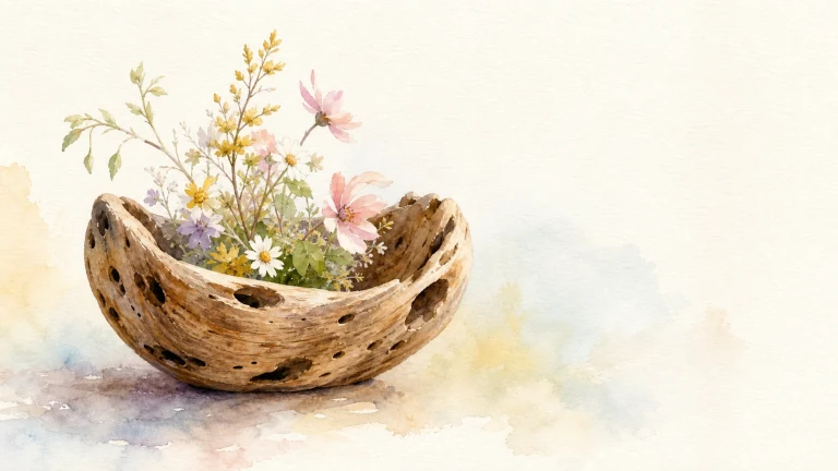 水彩画中一只弯曲漂流木花器盛着缤纷野花