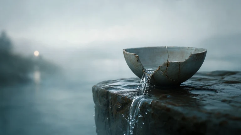修补过的陶碗置于湖边石台，清水从裂口流下