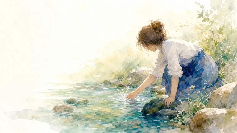 水彩画中女子蹲在清澈溪边伸手触水