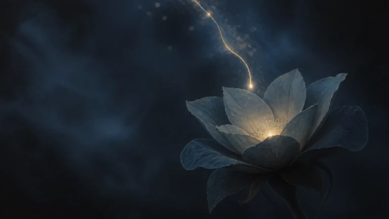 暗夜中一朵蓝灰莲花从花心释放金色微光