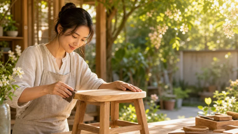 女子在阳光庭院木工坊里打磨一张圆面木凳