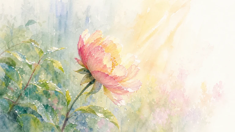 水彩画中粉色花朵在雨后绿叶间迎向阳光
