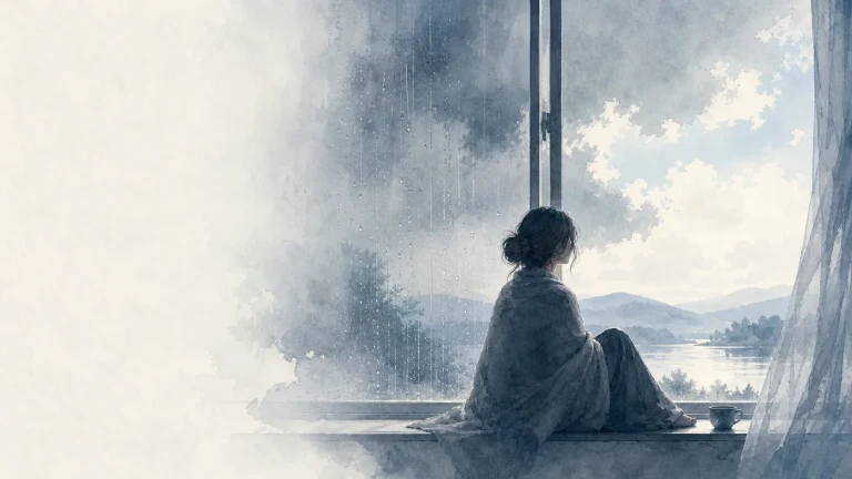 女子裹着披肩坐在雨窗边眺望远方湖山