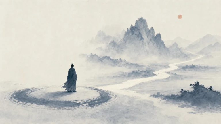 水墨山水中长袍人站在圆形墨迹中央，前路蜿蜒向远山
