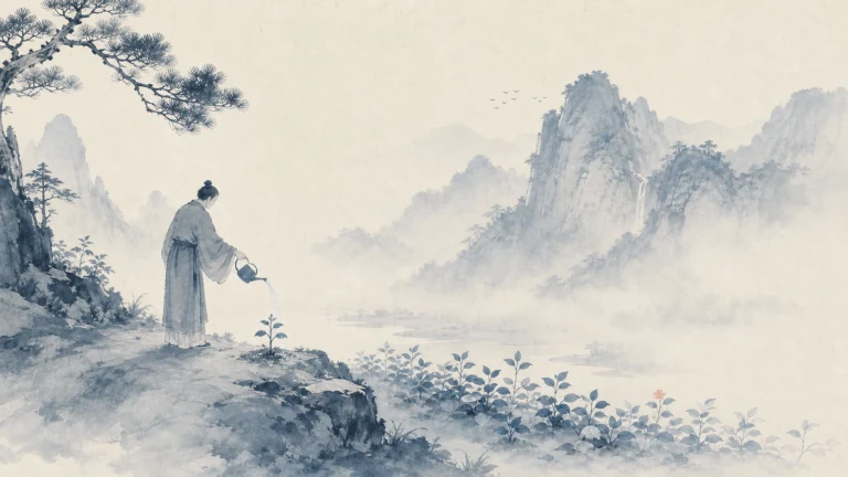 水墨画中白袍人提壶浇灌山崖边的一株幼苗