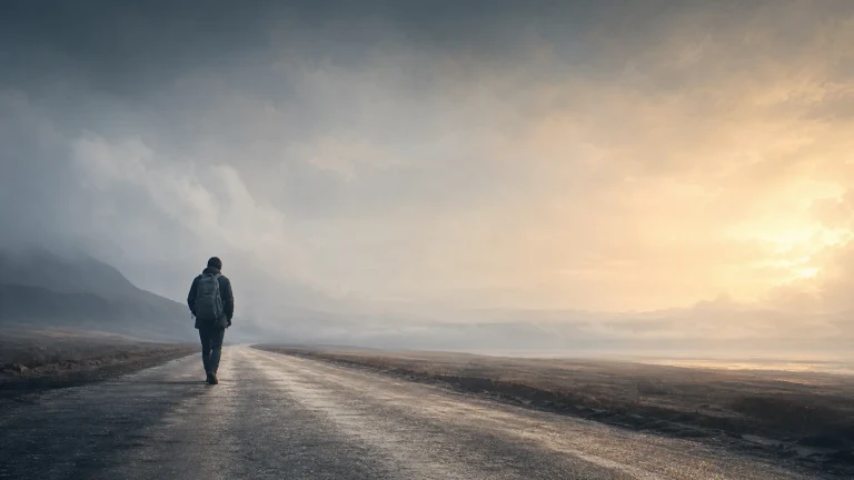 背包旅人独自走在空旷公路上，前方云隙透出晨光