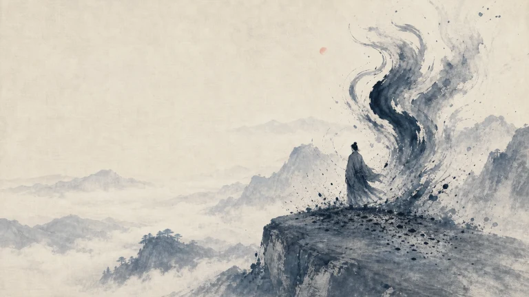 水墨山崖上长袍人面对一股盘旋升起的巨大墨流