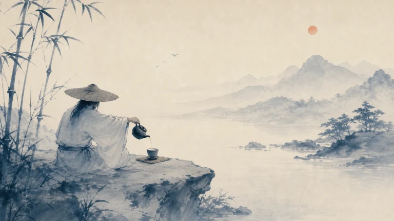 水墨画中戴斗笠的人坐在竹林山崖边倒茶观湖