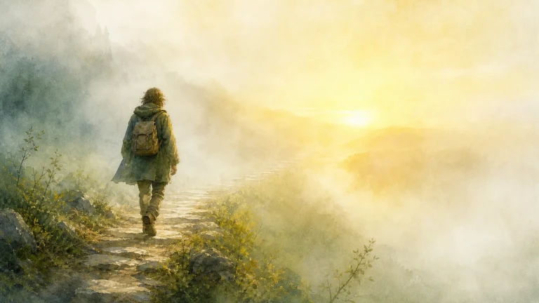 背包旅人走在雾谷石径上，前方日出照亮群山