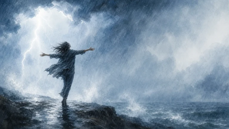 雷雨海岸上的女子张开双臂迎向风浪与闪电