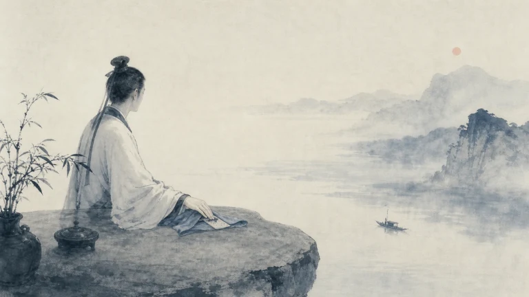 水墨画中白袍人坐在湖边高台，手边摊着书卷并远望小舟