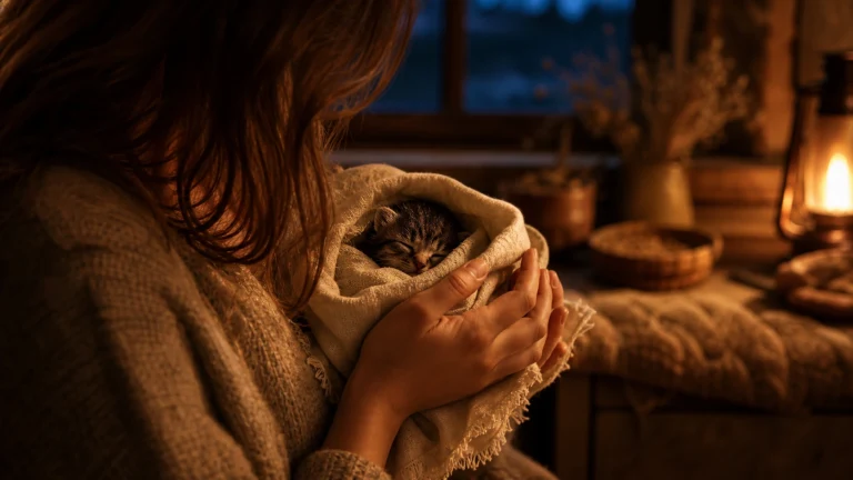 暖灯房间里女子将熟睡小猫裹在毛毯中轻轻抱着