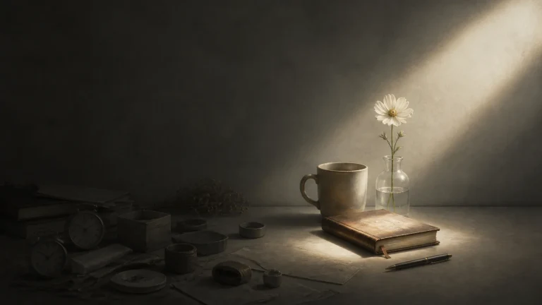 昏暗桌面的一束光照亮雏菊花瓶、茶杯、旧书和画具