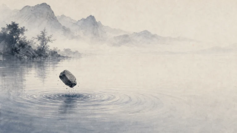 石块悬在水墨山湖上方并在水面激起圆形涟漪