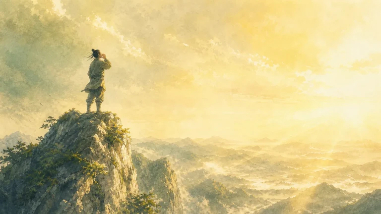 一人站在高耸山崖上眺望金色群山