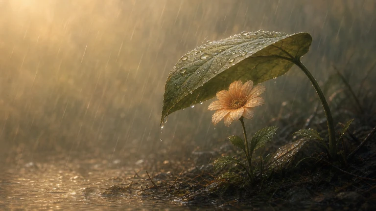 雨中的宽大叶片遮护着一朵粉色小花