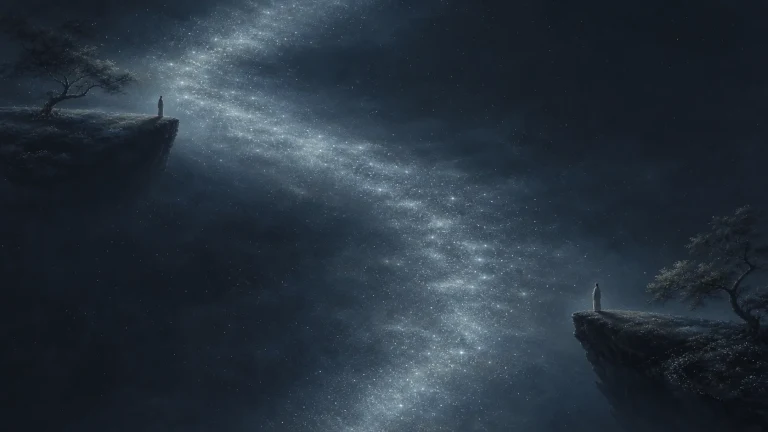 星光河流穿过夜色中的两处悬崖与人物