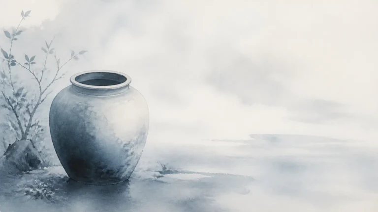 一只灰白陶罐静置在淡墨水岸旁