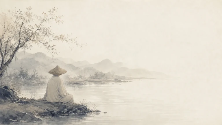 戴斗笠的人背对画面坐在水墨湖岸