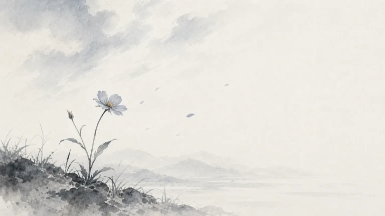 一株浅蓝色小花生长在水墨湖岸土坡