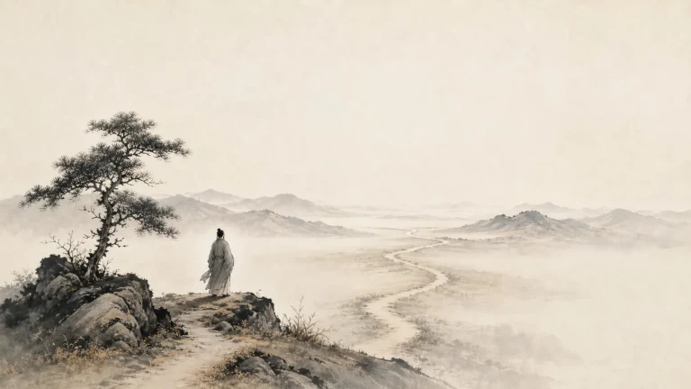 长袍人物站在孤松旁眺望蜿蜒远去的山路