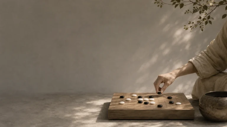一只手在木质棋盘上落下一枚黑色棋子