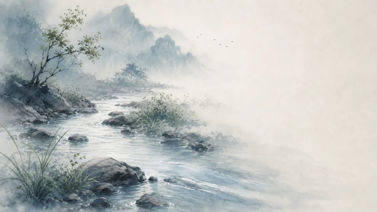 清澈山溪绕过岩石流向薄雾笼罩的水墨山谷