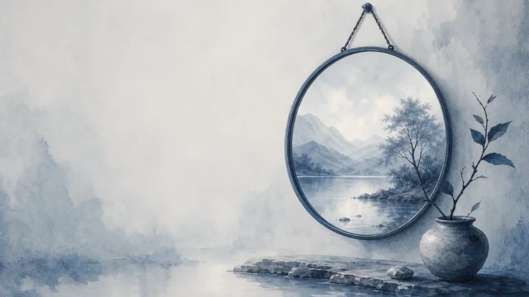 圆镜映出水墨山湖，旁边摆着插有枝叶的陶罐