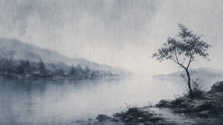 细雨笼罩宁静湖面与岸边孤树