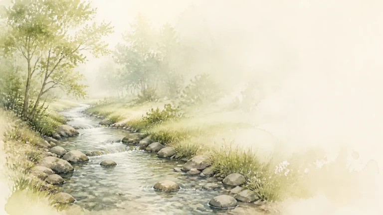 清澈溪流在明亮绿荫与圆石之间缓缓流淌