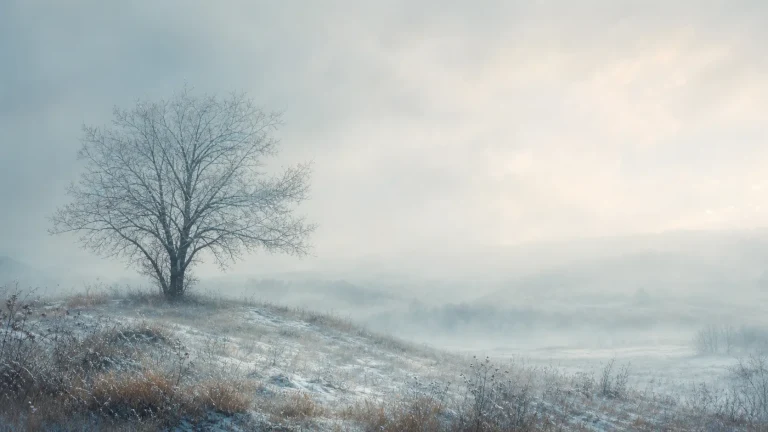 一棵无叶孤树立在覆有薄雪的冬日山坡