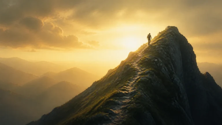 登山者沿夕阳照亮的狭窄山脊攀向峰顶