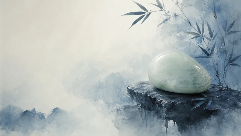 浅绿色圆润石块置于水墨竹影前的岩台