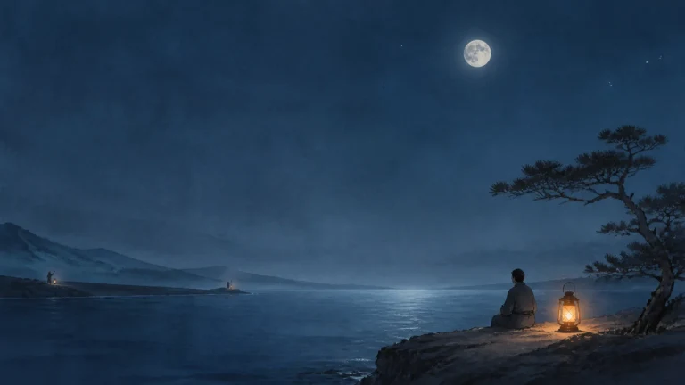 一人伴着灯笼坐在松树下的月夜湖岸