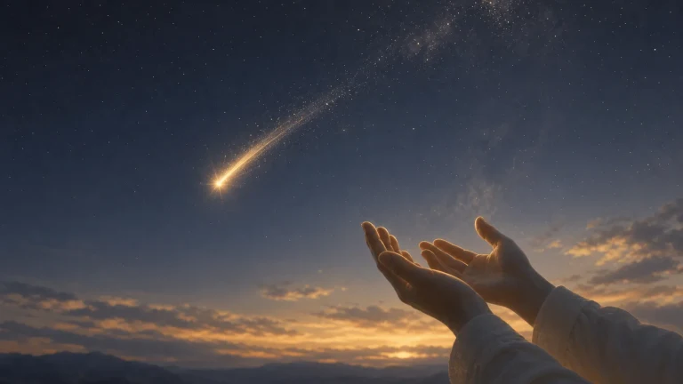 一双手伸向暮色天空中划过的明亮流星