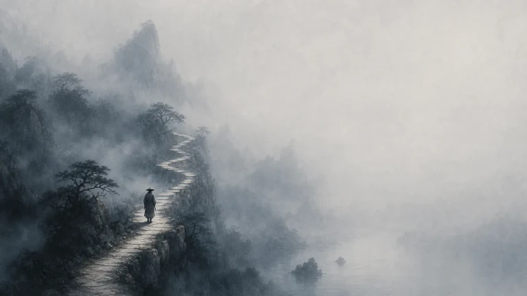 斗笠行者沿雾中山崖的蜿蜒小路前行