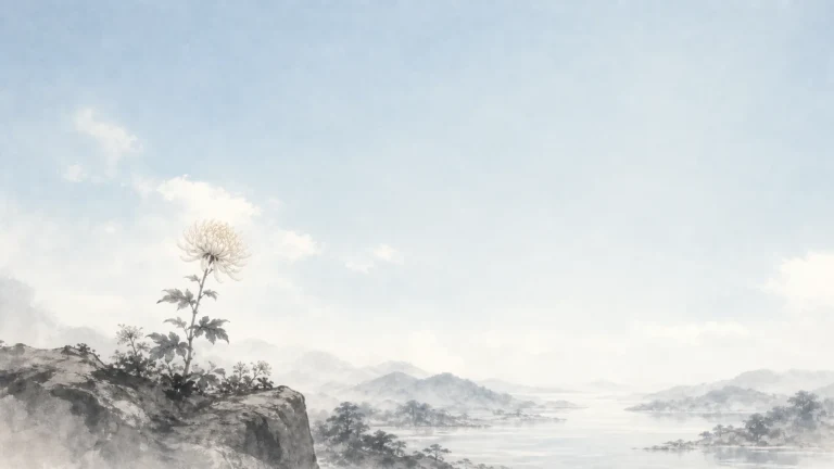 一株白色绒球花独立在水墨山湖崖边