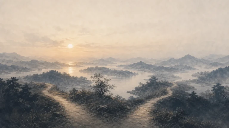 两条土路在夕阳山野中分向左右