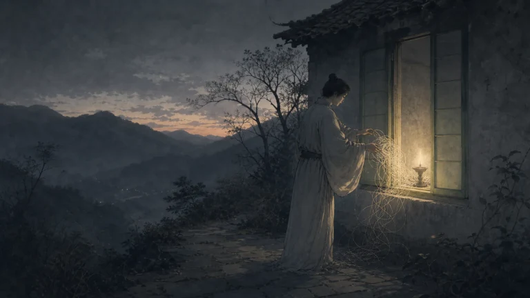 暮色中女子站在山屋窗前点亮一盏小灯