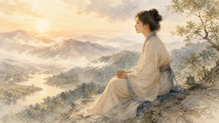女子端着茶杯坐在夕阳山崖眺望河谷