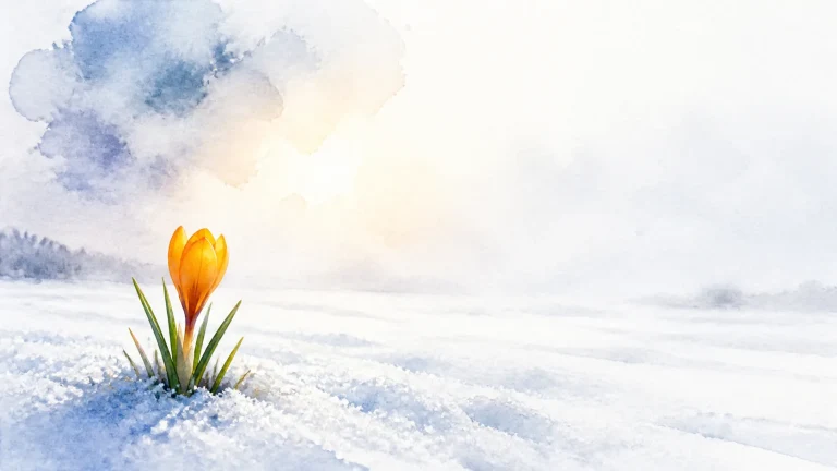 一朵黄色番红花从白雪覆盖的地面冒出