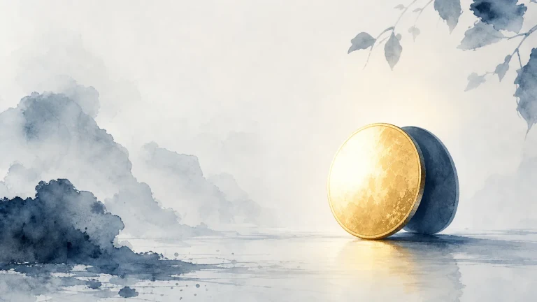 金色与深蓝色圆盘相互倚靠在水墨山水前
