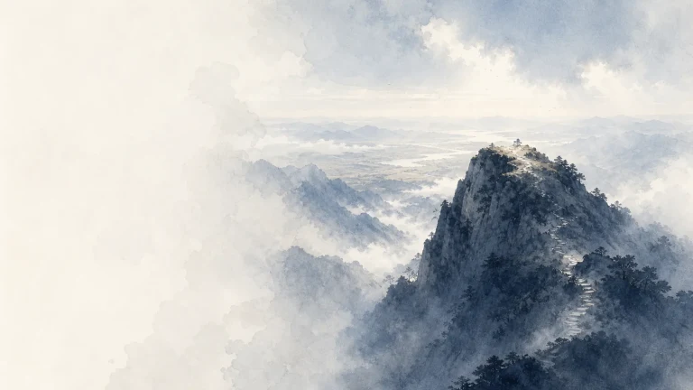 云雾环绕的水墨山峰与通向峰顶的石阶